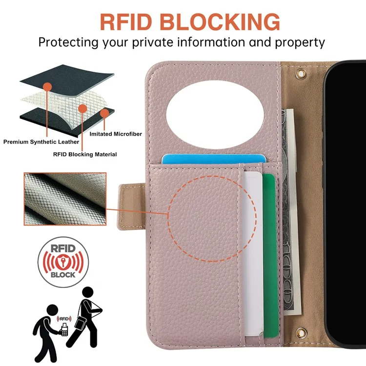 For iPhone 15 Pro Max Wallet Phone Case Shockproof TPU+PU Leather Flip Cover with Mirror, Strap - Purple