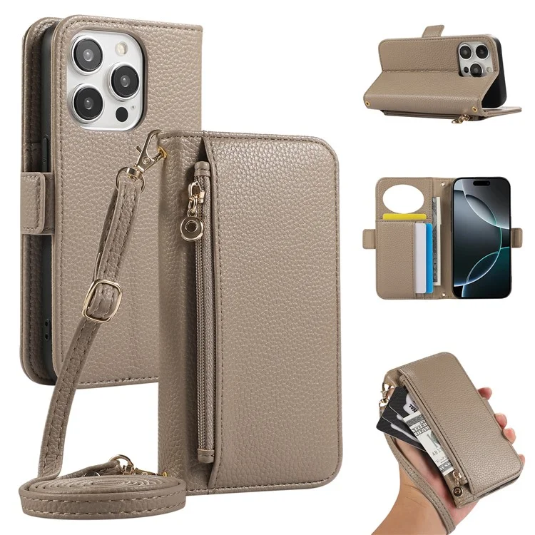 For iPhone 15 Pro Wallet Phone Case Shockproof TPU+PU Leather Flip Cover with Mirror, Strap - Khaki