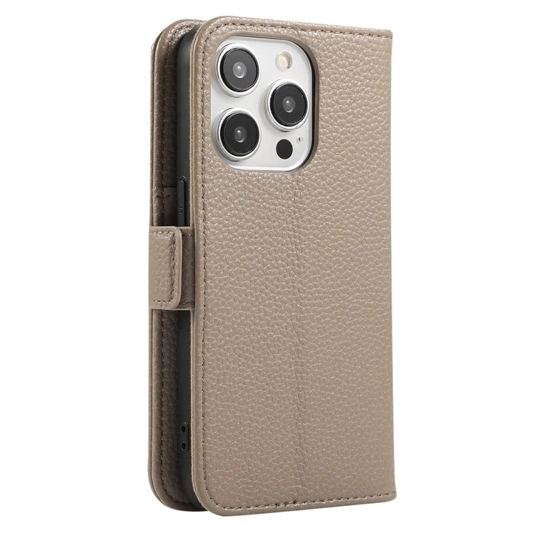 For iPhone 15 Pro Wallet Phone Case Shockproof TPU+PU Leather Flip Cover with Mirror, Strap - Khaki
