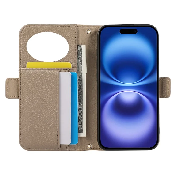 For iPhone 15 Pro Wallet Phone Case Shockproof TPU+PU Leather Flip Cover with Mirror, Strap - Khaki