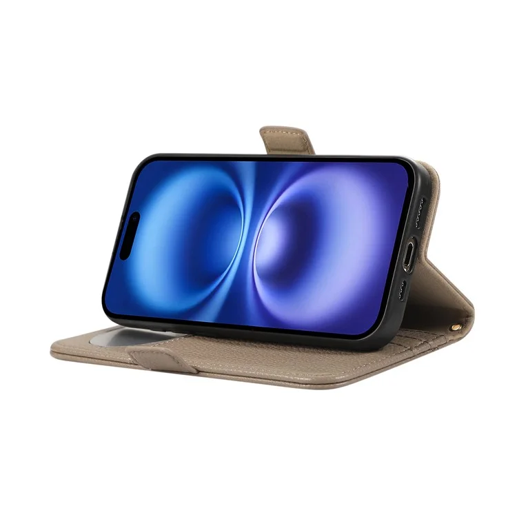 For iPhone 15 Pro Wallet Phone Case Shockproof TPU+PU Leather Flip Cover with Mirror, Strap - Khaki
