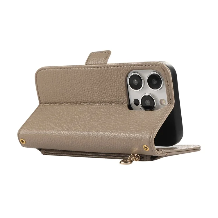 For iPhone 15 Pro Wallet Phone Case Shockproof TPU+PU Leather Flip Cover with Mirror, Strap - Khaki