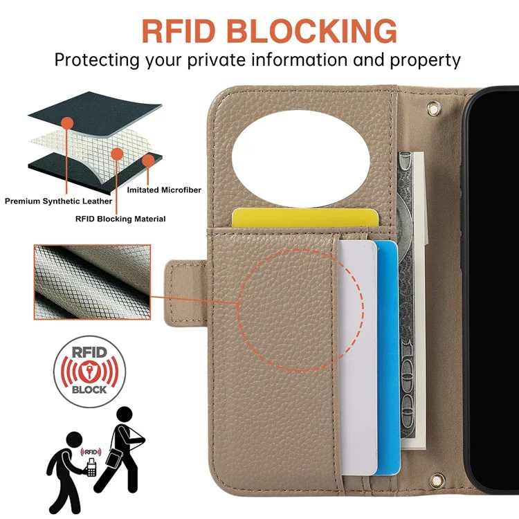 For iPhone 15 Pro Wallet Phone Case Shockproof TPU+PU Leather Flip Cover with Mirror, Strap - Khaki
