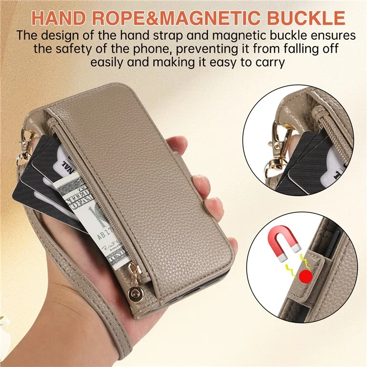 For iPhone 15 Pro Wallet Phone Case Shockproof TPU+PU Leather Flip Cover with Mirror, Strap - Khaki