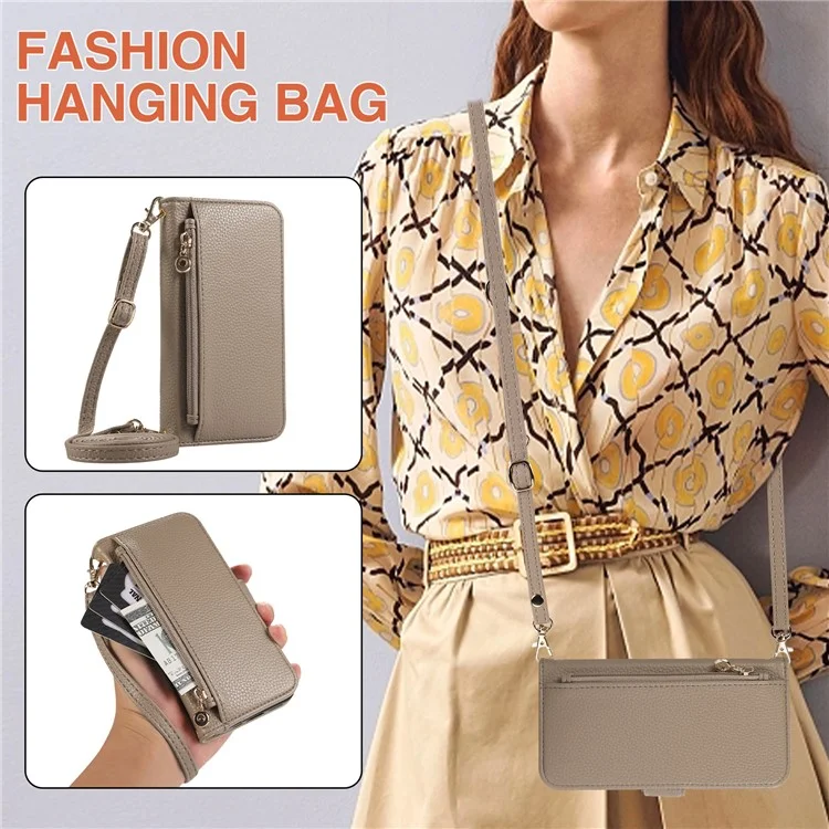 For iPhone 15 Pro Wallet Phone Case Shockproof TPU+PU Leather Flip Cover with Mirror, Strap - Khaki