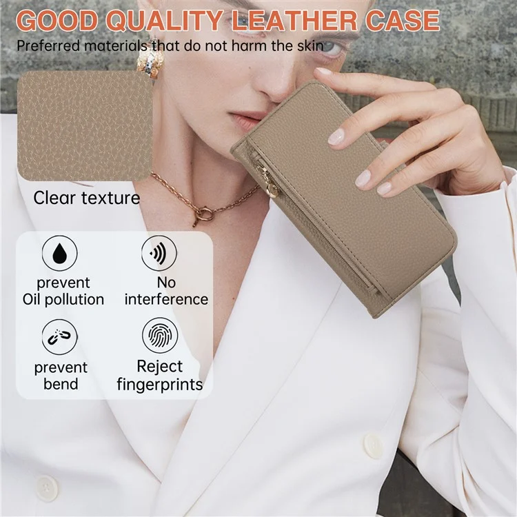 For iPhone 15 Pro Wallet Phone Case Shockproof TPU+PU Leather Flip Cover with Mirror, Strap - Khaki