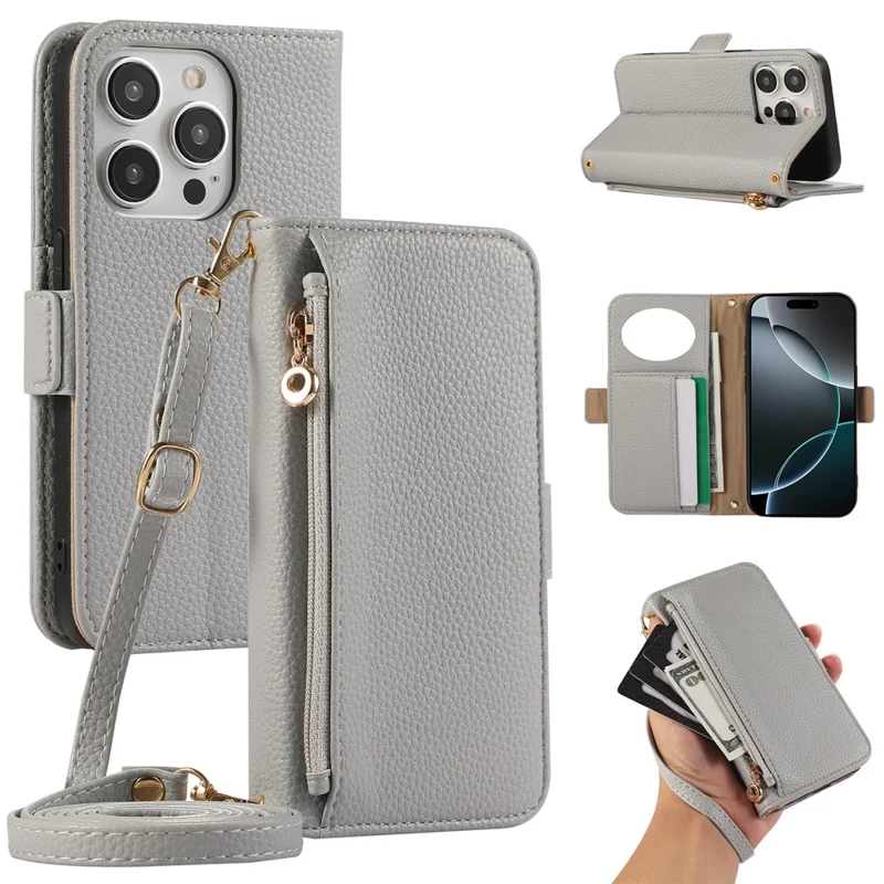 For iPhone 14 Pro Max Wallet Phone Case Shockproof TPU+PU Leather Flip Cover with Mirror, Strap - Grey Blue