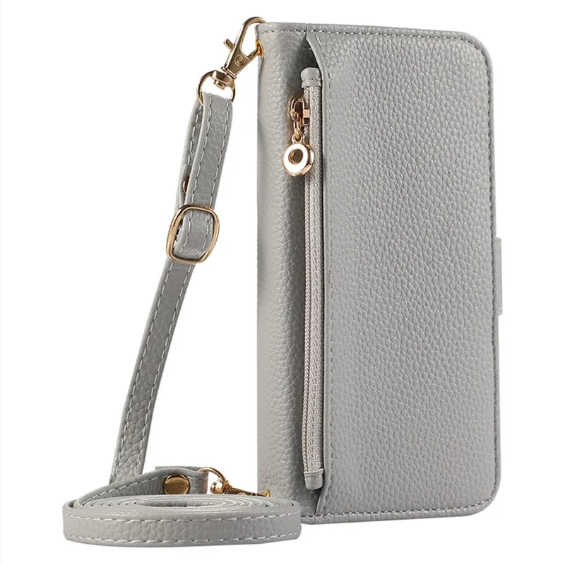 For iPhone 14 Pro Max Wallet Phone Case Shockproof TPU+PU Leather Flip Cover with Mirror, Strap - Grey Blue