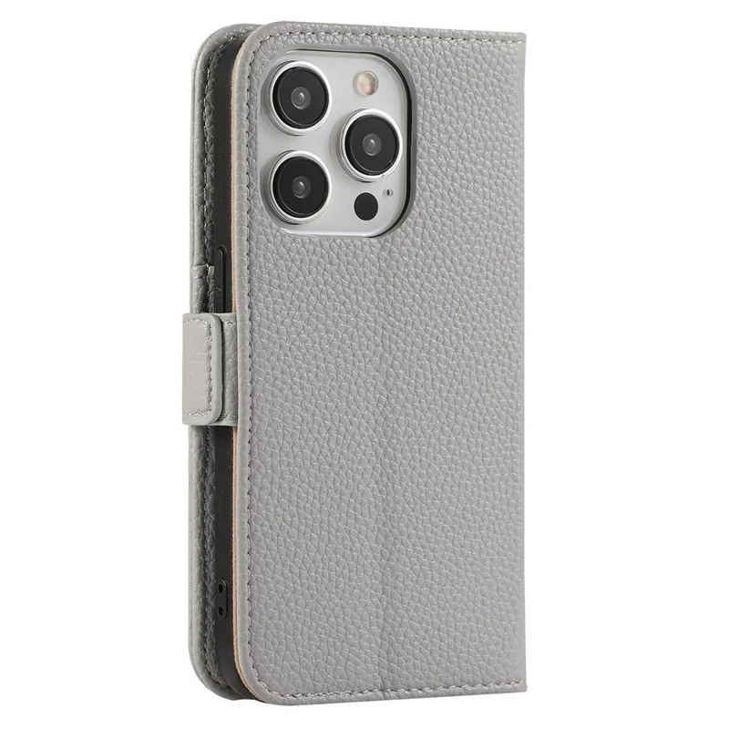 For iPhone 14 Pro Max Wallet Phone Case Shockproof TPU+PU Leather Flip Cover with Mirror, Strap - Grey Blue