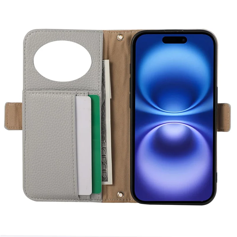 For iPhone 14 Pro Max Wallet Phone Case Shockproof TPU+PU Leather Flip Cover with Mirror, Strap - Grey Blue