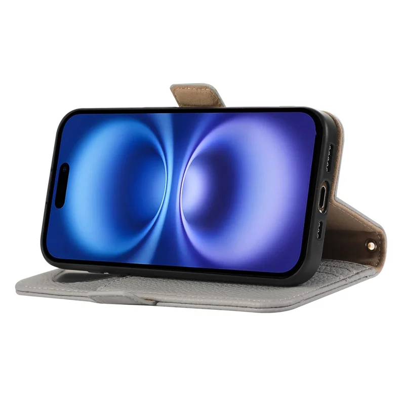 For iPhone 14 Pro Max Wallet Phone Case Shockproof TPU+PU Leather Flip Cover with Mirror, Strap - Grey Blue