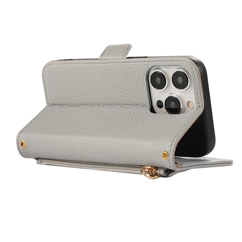 For iPhone 14 Pro Max Wallet Phone Case Shockproof TPU+PU Leather Flip Cover with Mirror, Strap - Grey Blue