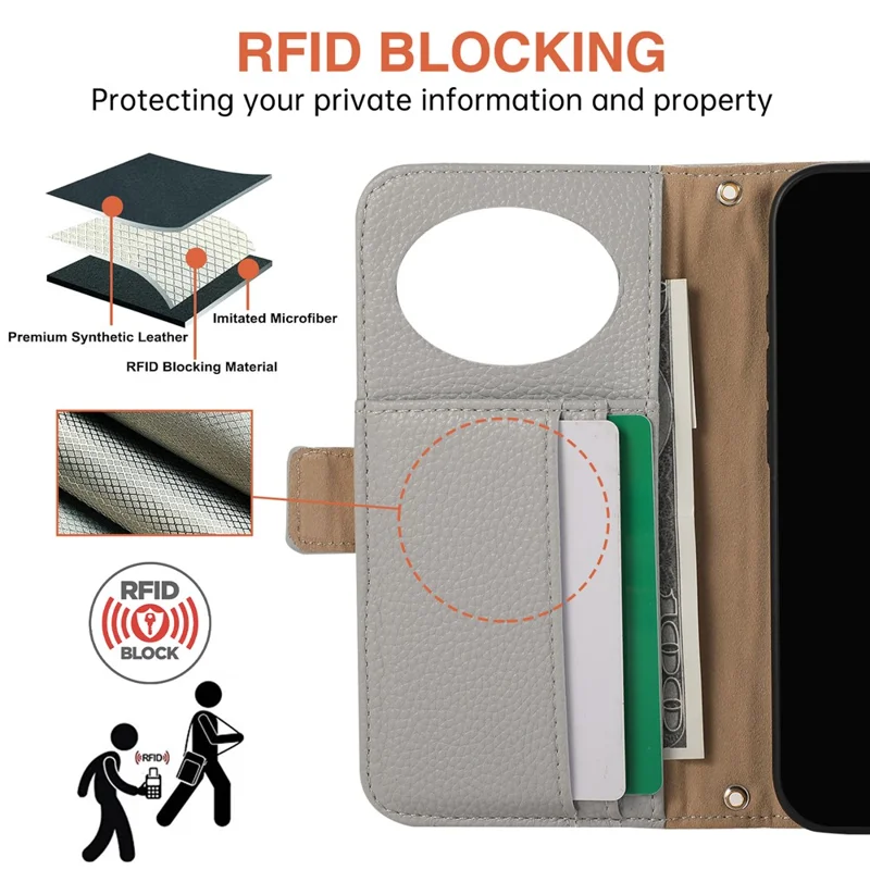 For iPhone 14 Pro Max Wallet Phone Case Shockproof TPU+PU Leather Flip Cover with Mirror, Strap - Grey Blue