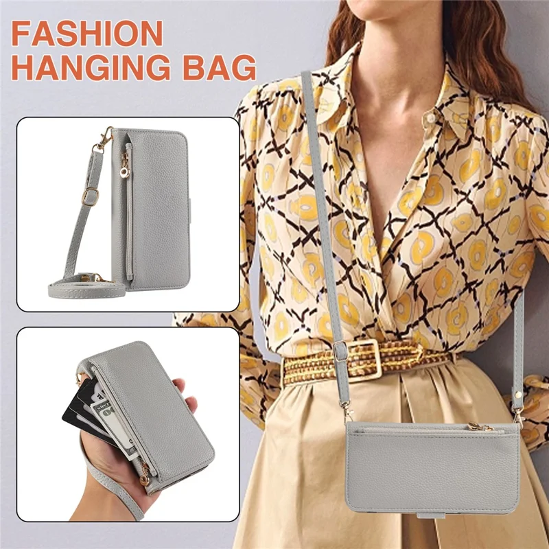 For iPhone 14 Pro Max Wallet Phone Case Shockproof TPU+PU Leather Flip Cover with Mirror, Strap - Grey Blue