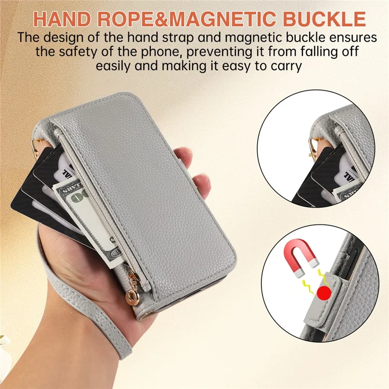 For iPhone 14 Pro Max Wallet Phone Case Shockproof TPU+PU Leather Flip Cover with Mirror, Strap - Grey Blue