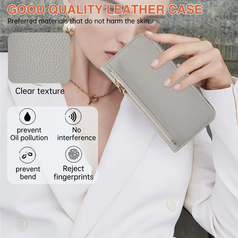 For iPhone 14 Pro Max Wallet Phone Case Shockproof TPU+PU Leather Flip Cover with Mirror, Strap - Grey Blue