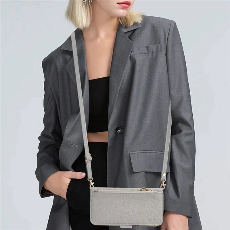 For iPhone 14 Pro Max Wallet Phone Case Shockproof TPU+PU Leather Flip Cover with Mirror, Strap - Grey Blue