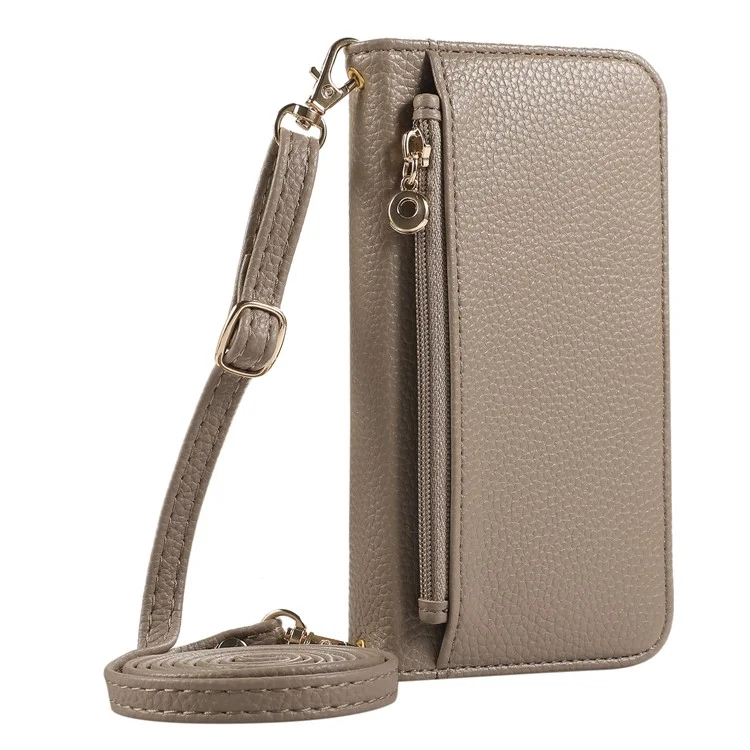 For iPhone 14 Pro Wallet Phone Case Shockproof TPU+PU Leather Flip Cover with Mirror, Strap - Khaki