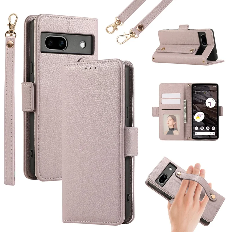 Capa de couro com porta-cartões, alças e proteção contra choques para Google Pixel 7a - Roxo