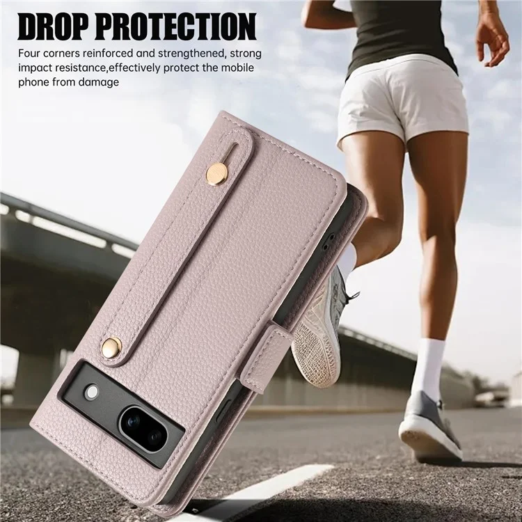 Capa de couro com porta-cartões, alças e proteção contra choques para Google Pixel 7a - Roxo