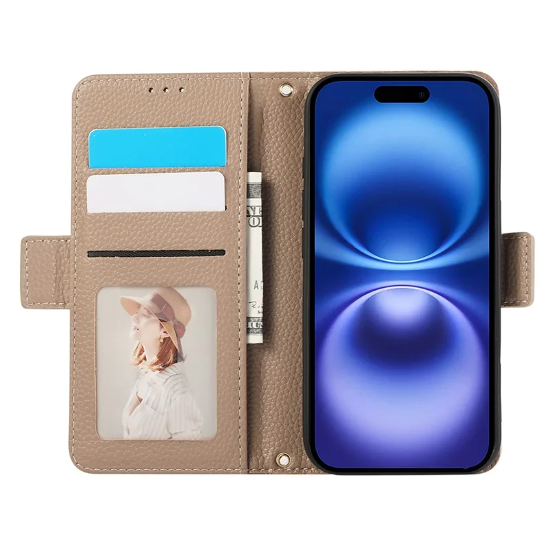 Étui en cuir pour iPhone 16 avec porte-cartes, sangles, housse de téléphone antichoc - Kaki
