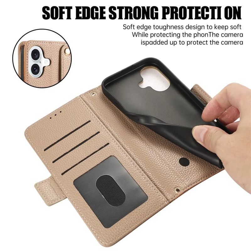 Étui en cuir pour iPhone 16 avec porte-cartes, sangles, housse de téléphone antichoc - Kaki