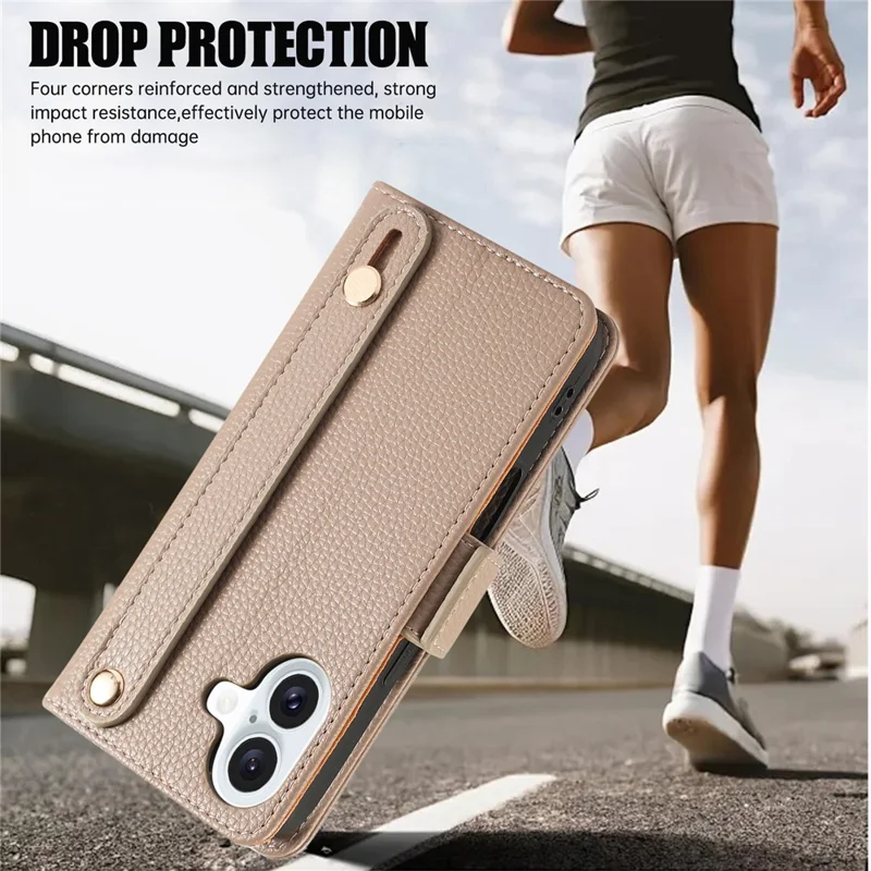 Étui en cuir pour iPhone 16 avec porte-cartes, sangles, housse de téléphone antichoc - Kaki