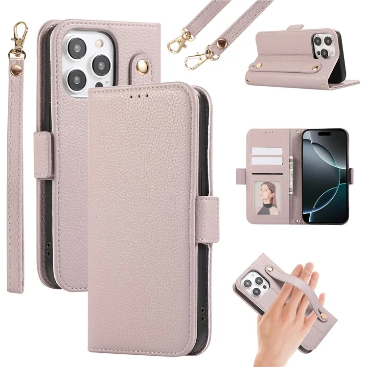 For iPhone 16 Pro Max Leather Case with Card Holder, Straps, Shockproof Wallet Phone Cover - Purple