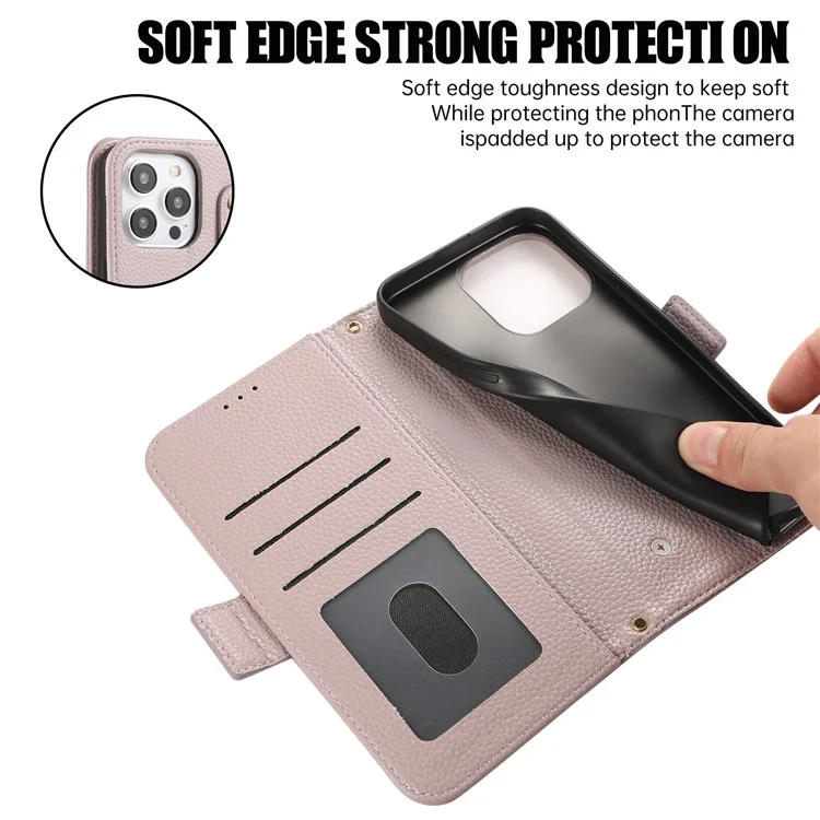 For iPhone 16 Pro Max Leather Case with Card Holder, Straps, Shockproof Wallet Phone Cover - Purple