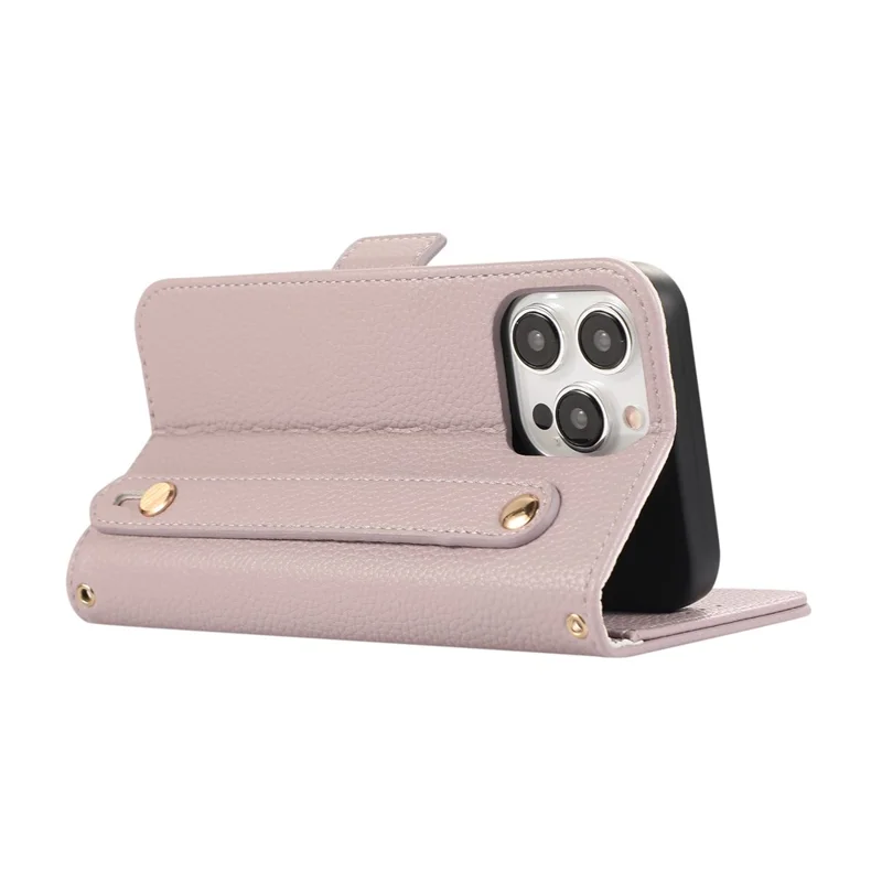For iPhone 15 Pro Leather Case with Card Holder, Straps, Shockproof Wallet Phone Cover - Purple