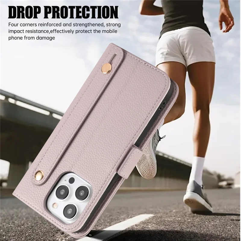 For iPhone 15 Pro Leather Case with Card Holder, Straps, Shockproof Wallet Phone Cover - Purple