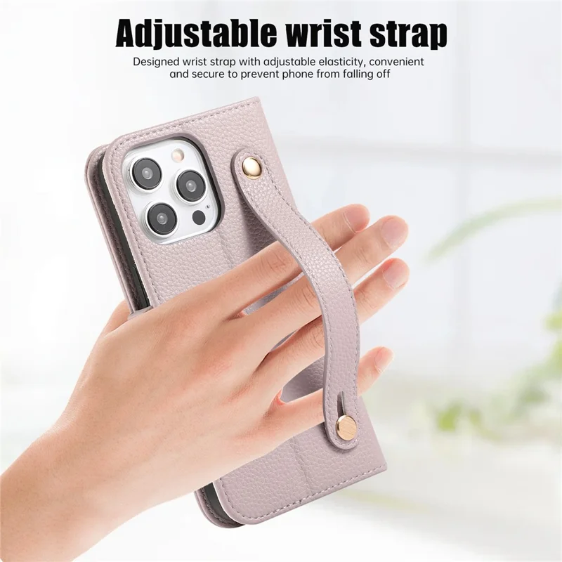 For iPhone 15 Pro Leather Case with Card Holder, Straps, Shockproof Wallet Phone Cover - Purple