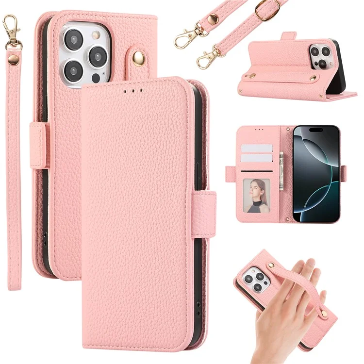 For iPhone 15 Pro Max Leather Case with Card Holder, Straps, Shockproof Wallet Phone Cover - Pink