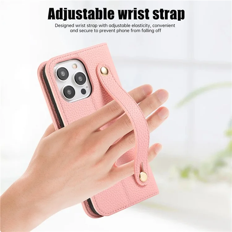 For iPhone 15 Pro Max Leather Case with Card Holder, Straps, Shockproof Wallet Phone Cover - Pink