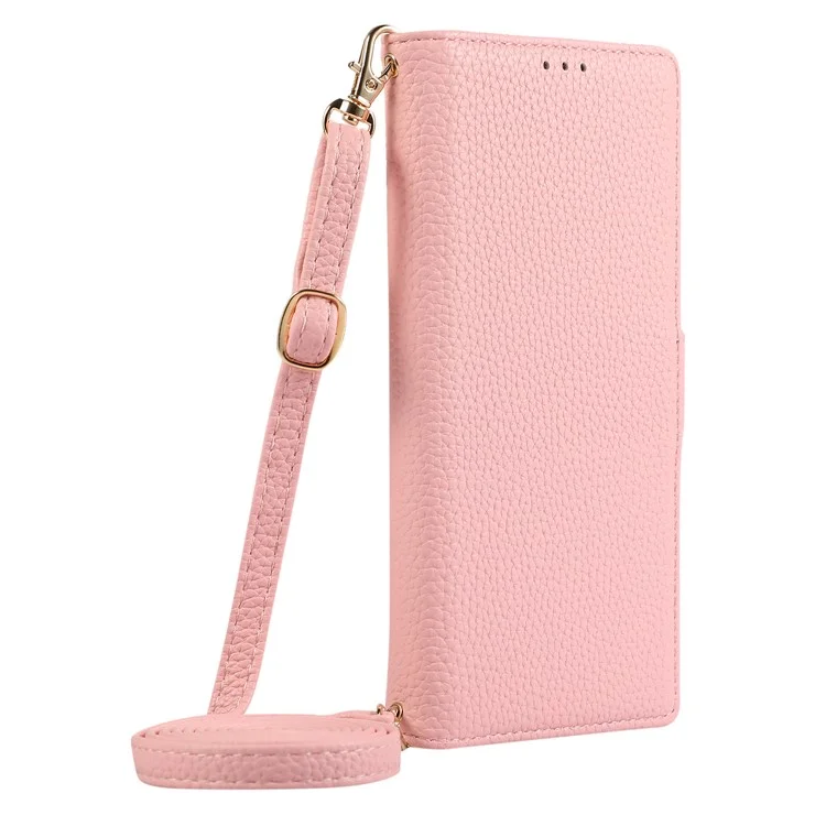 For iPhone 15 Pro Max Leather Case with Card Holder, Straps, Shockproof Wallet Phone Cover - Pink