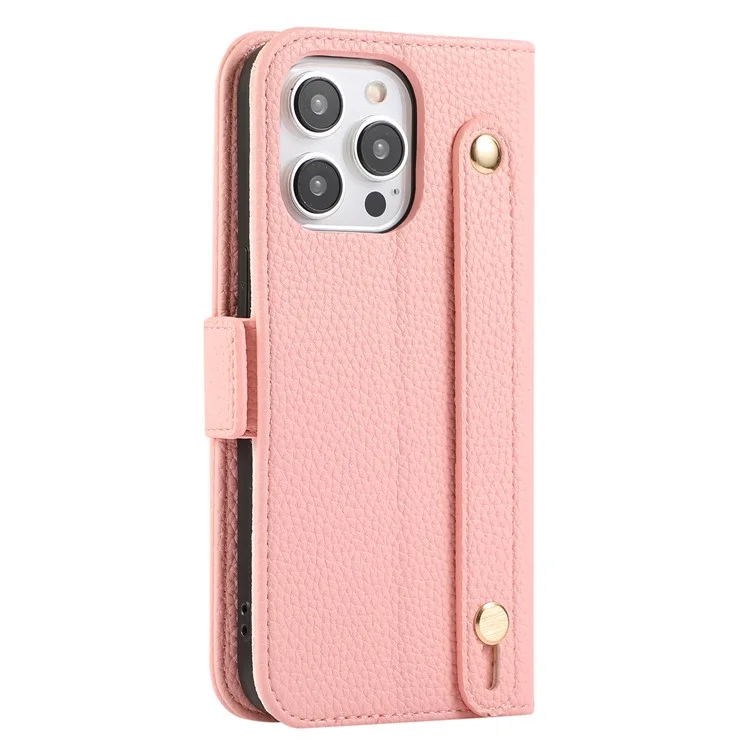 For iPhone 15 Pro Max Leather Case with Card Holder, Straps, Shockproof Wallet Phone Cover - Pink