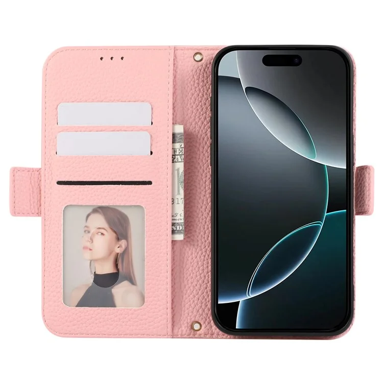 For iPhone 15 Pro Max Leather Case with Card Holder, Straps, Shockproof Wallet Phone Cover - Pink