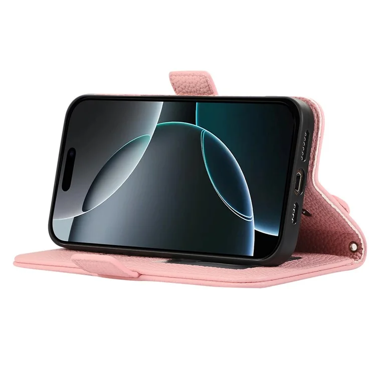 For iPhone 15 Pro Max Leather Case with Card Holder, Straps, Shockproof Wallet Phone Cover - Pink
