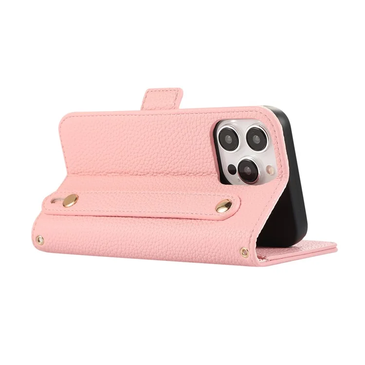 For iPhone 15 Pro Max Leather Case with Card Holder, Straps, Shockproof Wallet Phone Cover - Pink