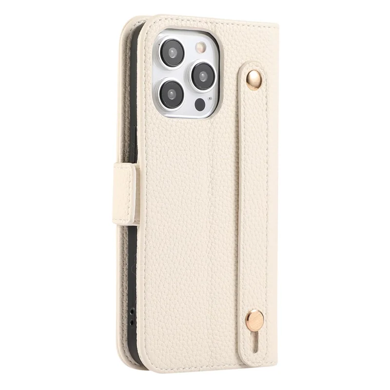 For iPhone 14 Pro Max Leather Case with Card Holder, Straps, Shockproof Wallet Phone Cover - Beige