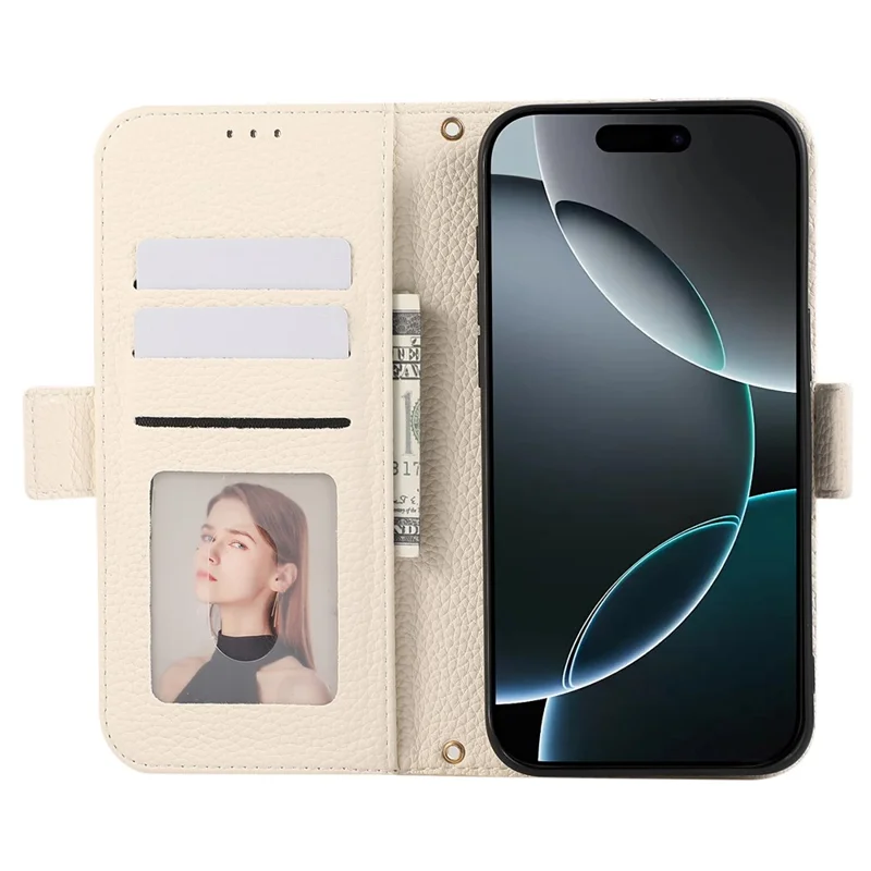 For iPhone 14 Pro Max Leather Case with Card Holder, Straps, Shockproof Wallet Phone Cover - Beige