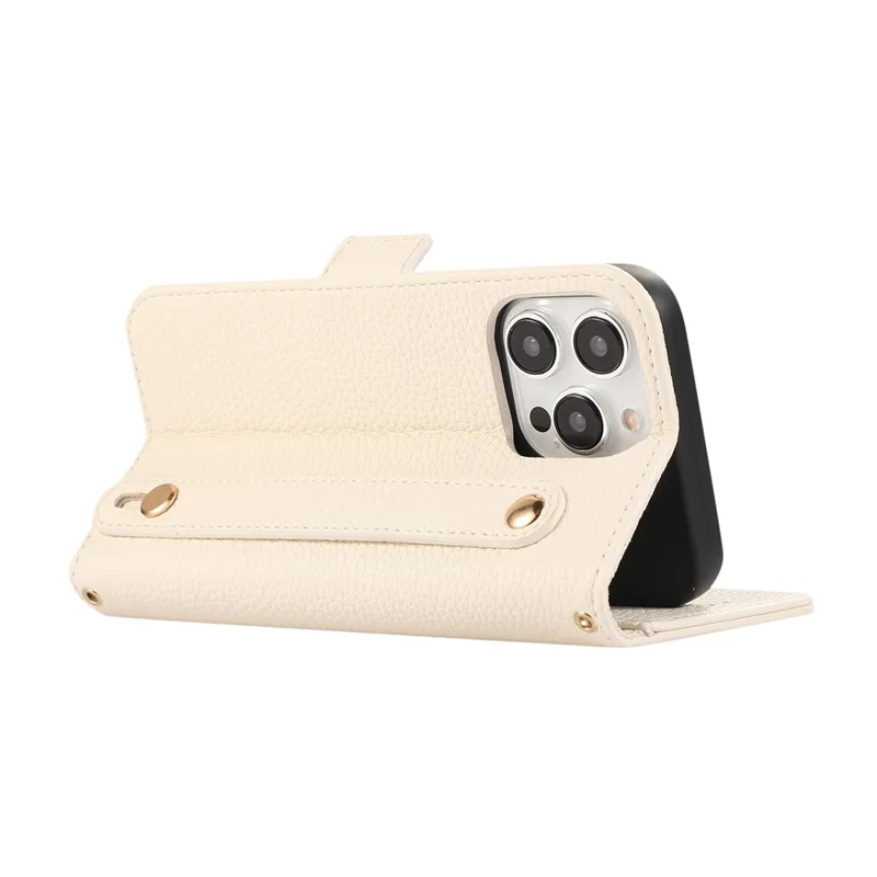 For iPhone 14 Pro Max Leather Case with Card Holder, Straps, Shockproof Wallet Phone Cover - Beige