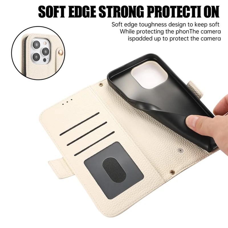 For iPhone 14 Pro Max Leather Case with Card Holder, Straps, Shockproof Wallet Phone Cover - Beige