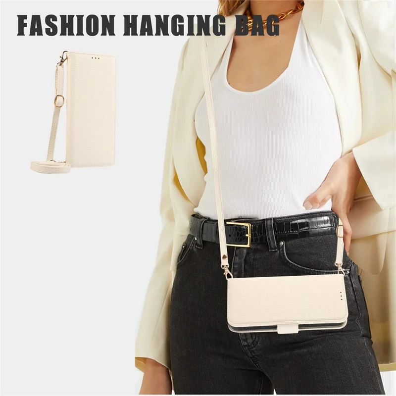 For iPhone 14 Pro Max Leather Case with Card Holder, Straps, Shockproof Wallet Phone Cover - Beige
