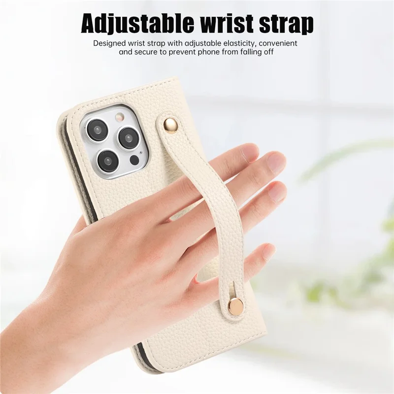 For iPhone 14 Pro Max Leather Case with Card Holder, Straps, Shockproof Wallet Phone Cover - Beige