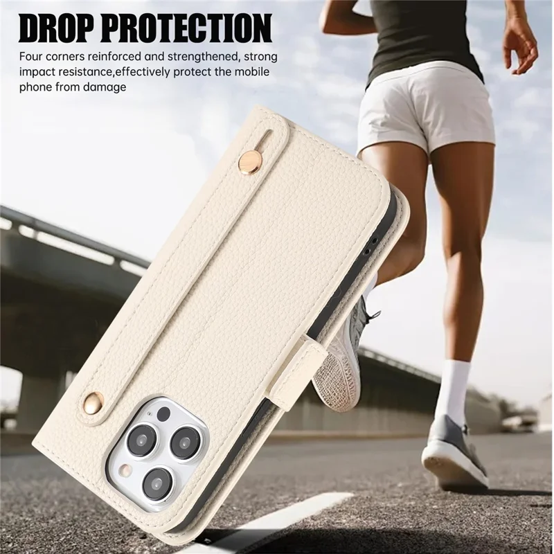 For iPhone 14 Pro Max Leather Case with Card Holder, Straps, Shockproof Wallet Phone Cover - Beige