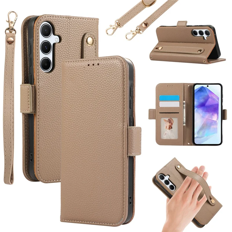 For Samsung Galaxy A55 5G Leather Case with Card Holder, Straps, Shockproof Wallet Phone Cover - Khaki