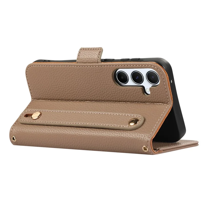 For Samsung Galaxy A55 5G Leather Case with Card Holder, Straps, Shockproof Wallet Phone Cover - Khaki