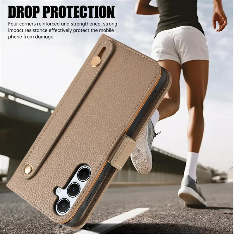 For Samsung Galaxy A55 5G Leather Case with Card Holder, Straps, Shockproof Wallet Phone Cover - Khaki