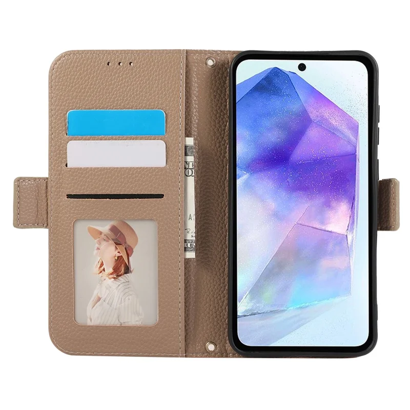 For Samsung Galaxy A35 5G Leather Case with Card Holder, Straps, Shockproof Wallet Phone Cover - Khaki